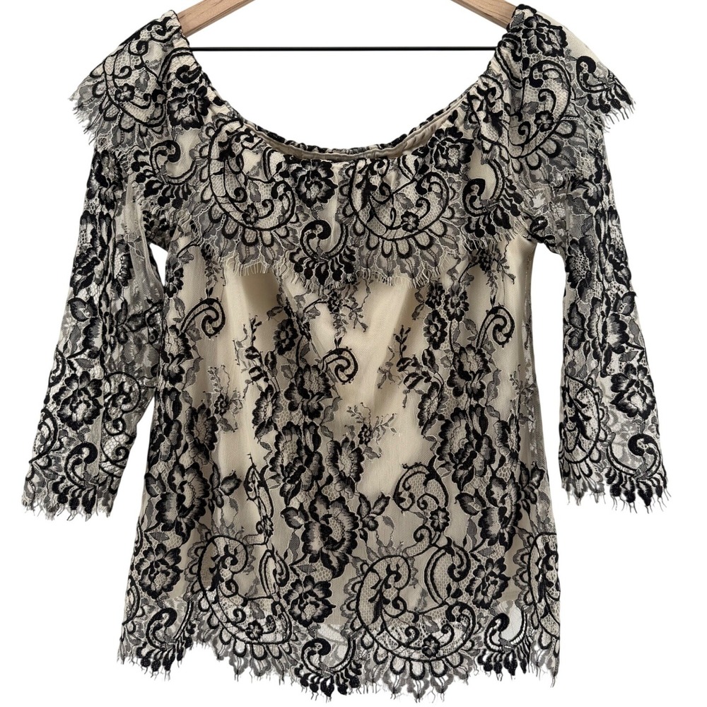 White House Black Market Black Lace Off Shoulder Blouse Cream Floral S - Picture 2 of 10